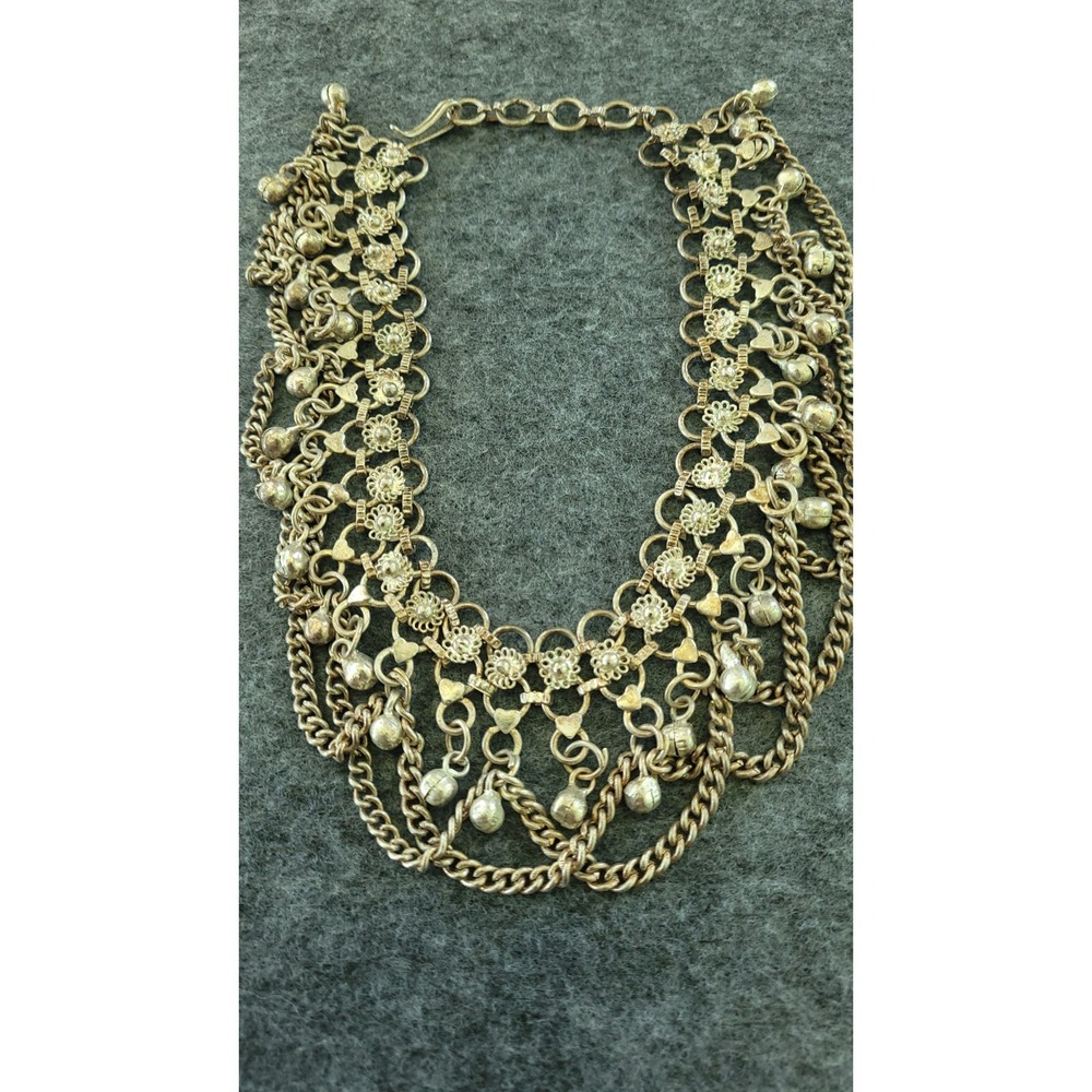 Heavy Silver Tone Ghungroo Bell Draped Chain Indian Payal 12in 70g Necklace